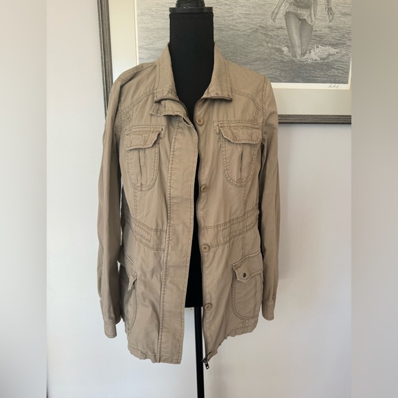 St. John's Bay Jackets & Blazers - St Johns Bay Womens L Khaki Cotton Lightweight Utility Safari Jacket w/Pockets